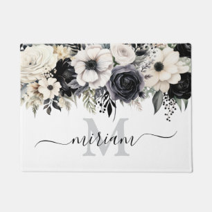 Luxury Kitchen Floor Mat: Black and White Flowers Doormat