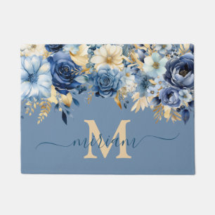 Luxury Kitchen Floor Mat: Blue and Gold Flowers Doormat