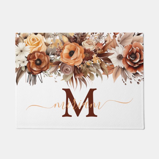 Luxury Kitchen Floor Mat: Brown Boho Flowers Doormat (Front)