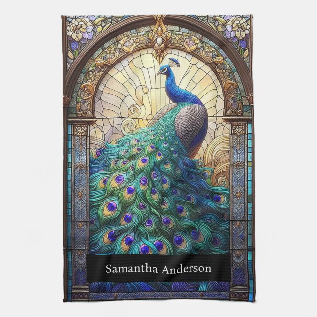 Luxury Kitchen: Stained Glass Peacock Custom Name Kitchen Towel (Vertical)