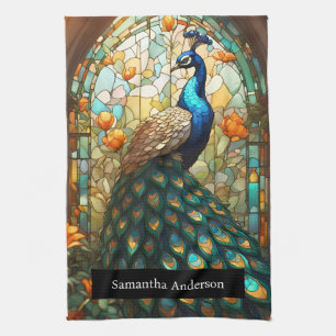 Luxury Kitchen: Stained Glass Peacock Custom Name Kitchen Towel