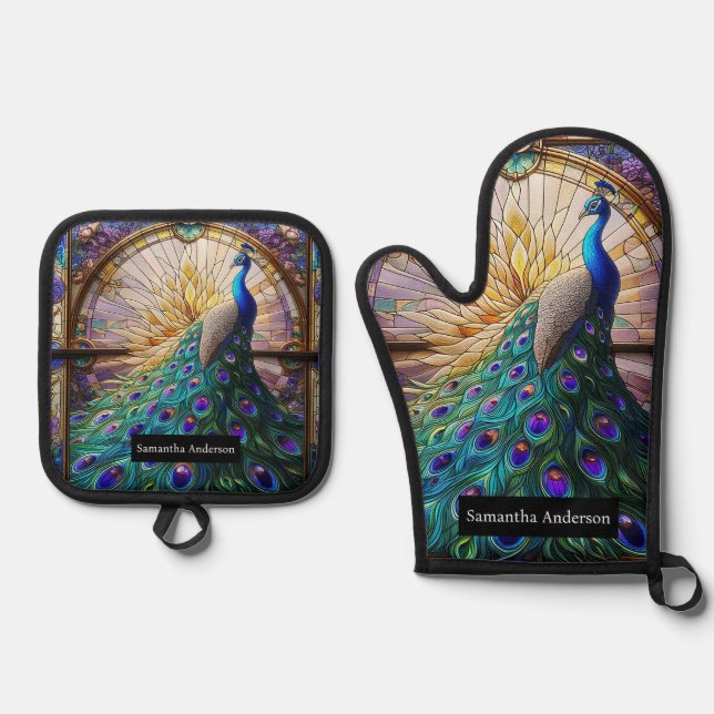 Luxury Kitchen: Stained Glass Peacock Oven Mitt & Pot Holder Set (Front)