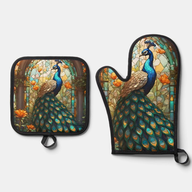 Luxury Kitchen: Stained Glass Peacock Oven Mitt & Pot Holder Set (Front)