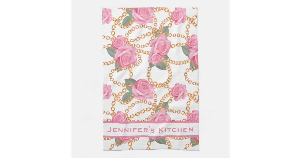 Luxury Kitchen Towels - Pink Rose & Chains Towel | Zazzle