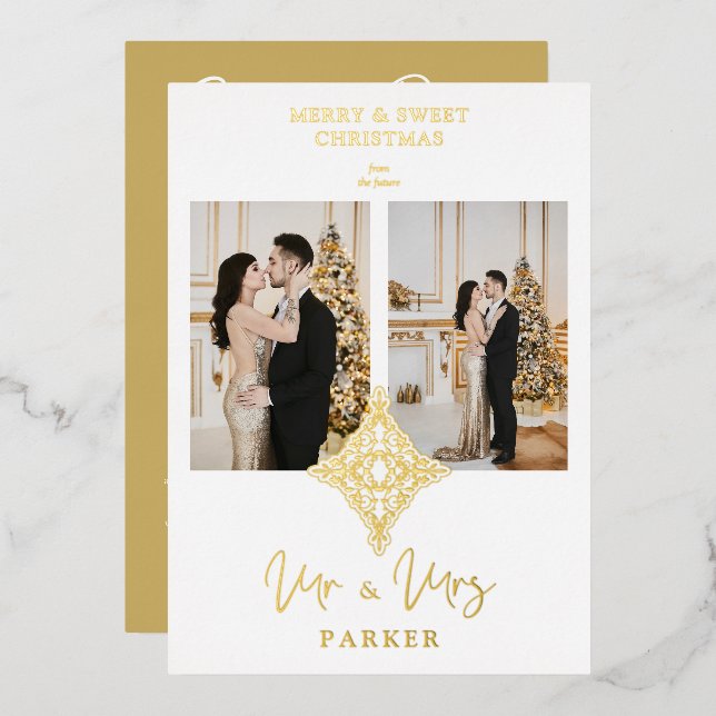 Luxury Lace MR & MRS Christmas Wedding 2 Photos Foil Invitation (Front/Back)