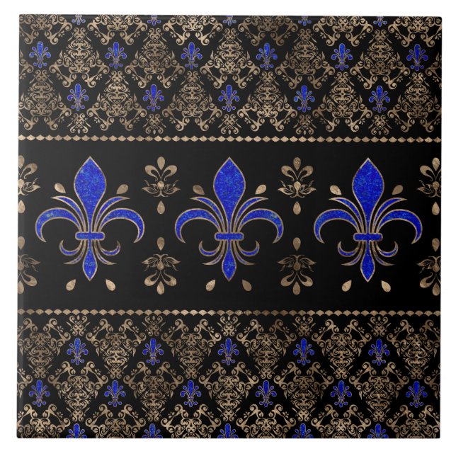 Luxury Lapils Lazuli and gold Fleur-de-lis ornamen Ceramic Tile (Front)