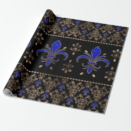 Luxury Lapils Lazuli and gold Fleur_de_lis ornamen Wrapping Paper