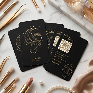 Luxury Lash Artist Black Gold Celestial QR Code Business Card