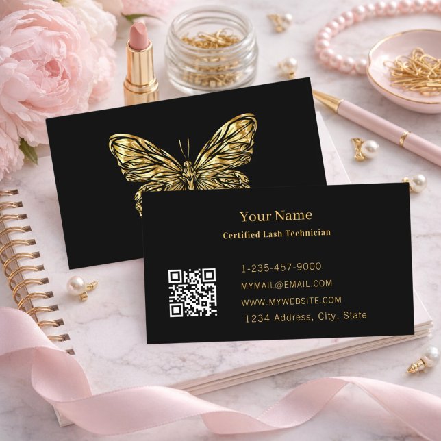 Luxury Lash Tech Black Gold Butterfly QR Code Business Card (Creator Uploaded)