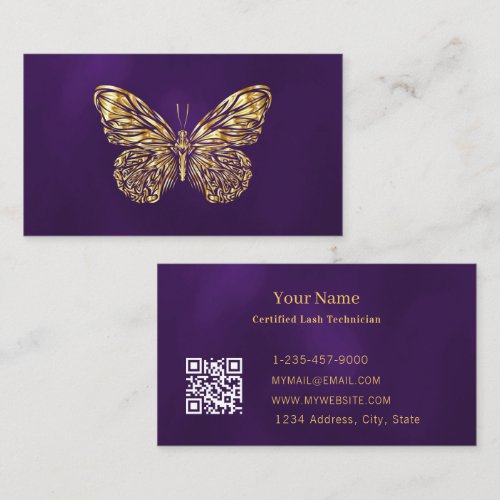 Luxury Lash Tech Purple Gold Butterfly QR Code Business Card