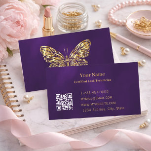 Luxury Lash Tech Purple Gold Butterfly QR Code Business Card