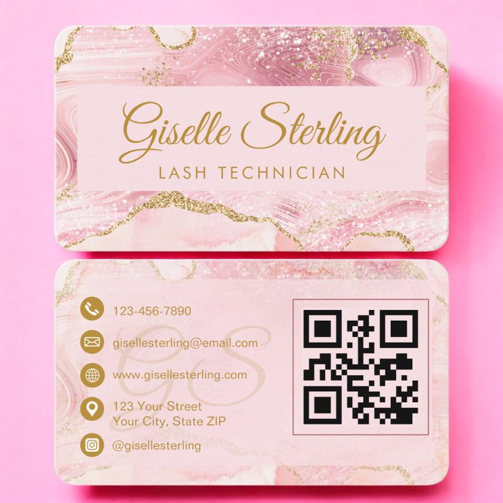 Luxury Lash Technician Gold Agate QR Code Business Card