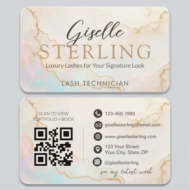 Luxury Lash Technician Pearl Opal Gold Script Business Card (Creator Uploaded)