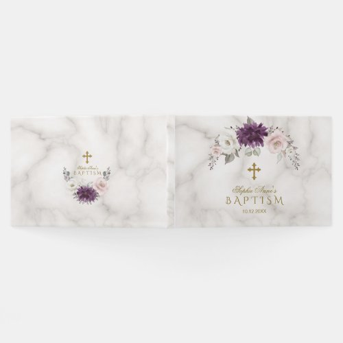 Luxury Lavender Blush Floral Cross Marble Baptism Guest Book