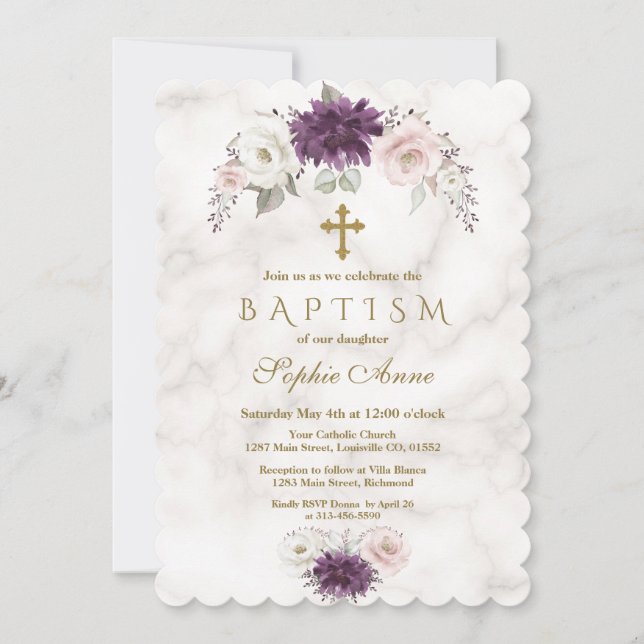 Luxury Lavender Blush Floral Cross Marble Baptism Invitation (Front)