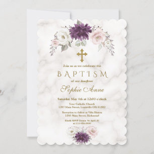 Luxury Lavender Blush Floral Cross Marble Baptism Invitation