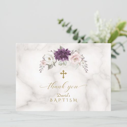 Luxury Lavender Blush Flowers Gold Cross Baptism  Thank You Card