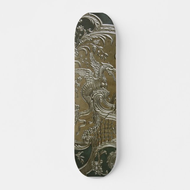 LUXURY LEATHER Gilded Silver Dragon Skateboard Deck (Front)
