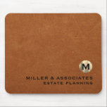 Luxury Leather Print Gold Emblem Company Branded Mouse Pad<br><div class="desc">Elevate your workspace with this personalized round mouse pad featuring a sable leather print background and a brushed gold monogram emblem with your company name and specialty in black classic typography. Perfect for estate planners, attorneys, and other business professionals who want to make a lasting impression. Customize with your own...</div>