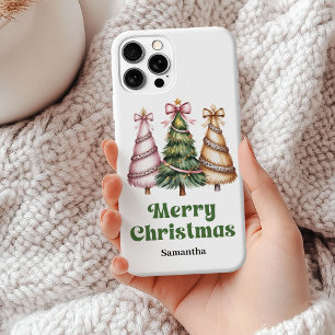 Luxury leopard pattern Christmas trees custom name iPhone 15 Plus Case