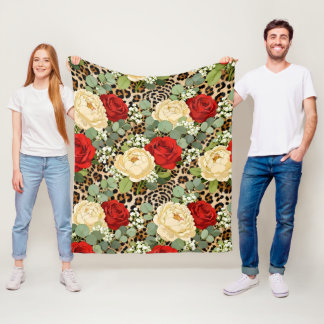Luxury Leopard & Red Rose Pattern Fleece Blanket