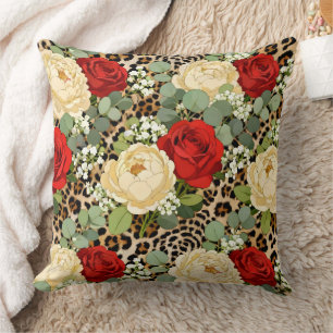 Luxury Leopard & Red Rose Pattern  Throw Pillow