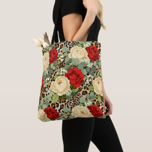 Luxury Leopard & Red Rose Pattern Tote Bag