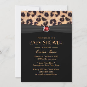 Luxury Leopard Ruby Gem Black Ribbon Baby Shower Invitation