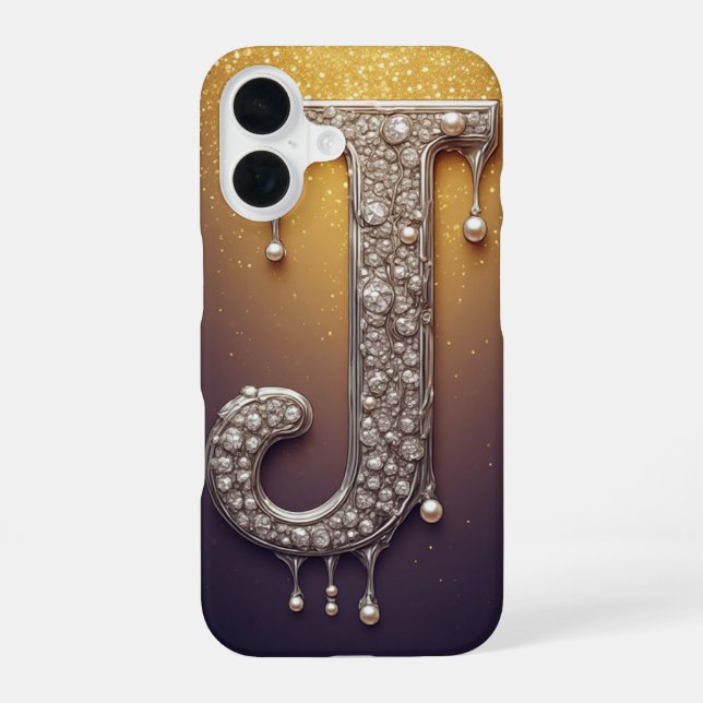 Luxury Letter J Monogram in Diamond, Pearl Gold iPhone Case (Back)