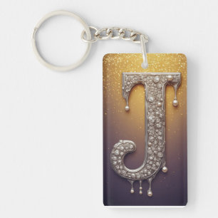 Luxury Letter J Monogram in Diamond, Pearl Gold Keychain
