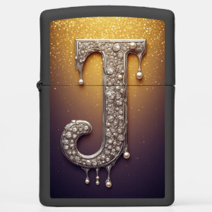 Luxury Letter J Monogram in Diamond, Pearl Gold Zippo Lighter