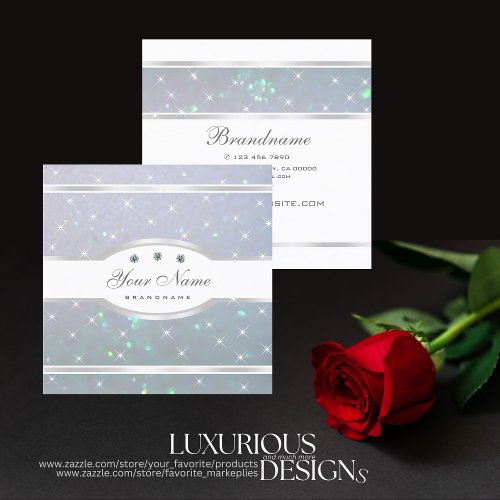 Luxury Light Baby Blue Pearl Glitter Sparkle Stars Square Business Card