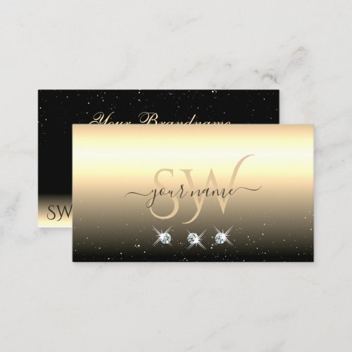 Luxury Light Gold Black Sparkling Jewels Initials Business Card