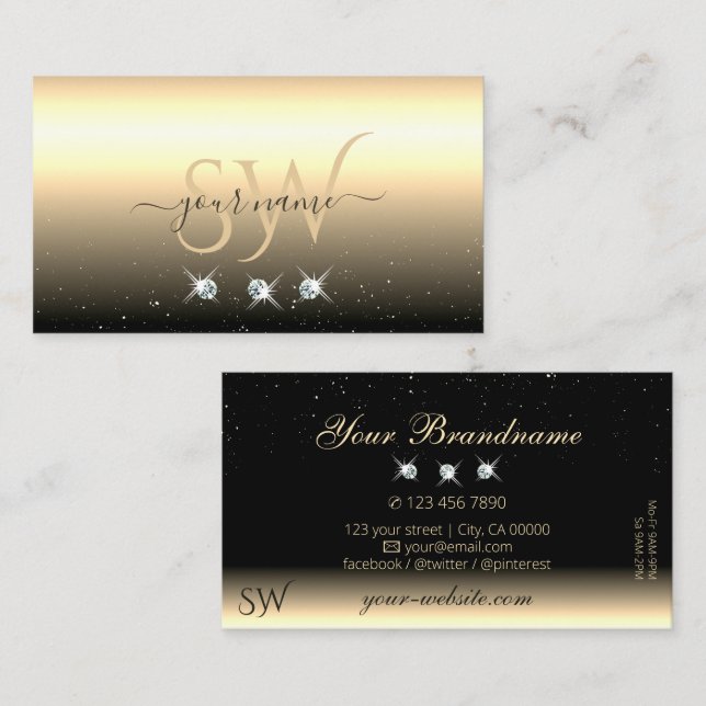 Luxury Light Gold Black Sparkling Jewels Initials Business Card (Front/Back)