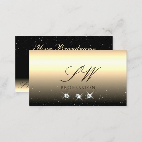 Luxury Light Gold Black Sparkling Jewels Monogram Business Card
