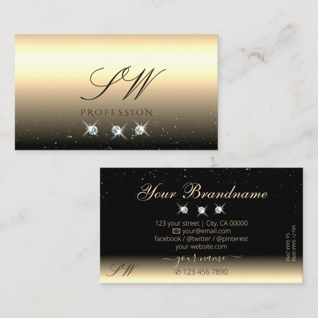Luxury Light Gold Black Sparkling Jewels Monogram Business Card (Front/Back)