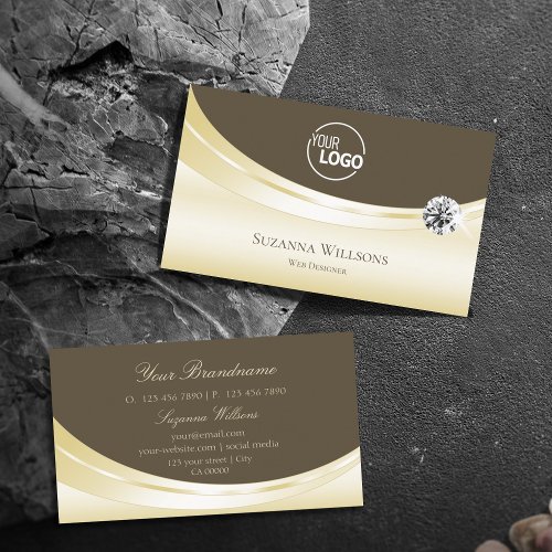 Luxury Light Gold Brown with Logo and Diamond Chic Business Card