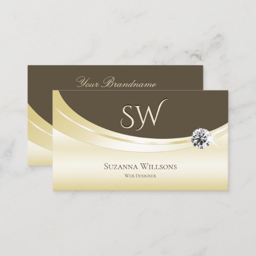 Luxury Light Gold Brown with Monogram and Diamond Business Card