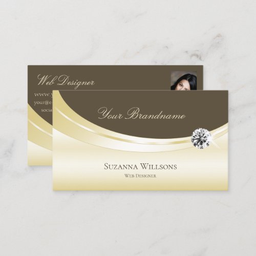 Luxury Light Gold Brown with Photo and Diamond Business Card