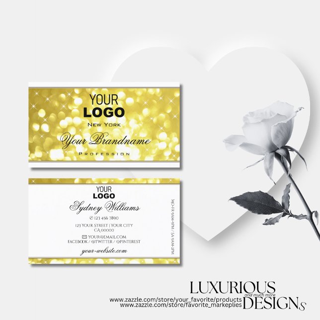 Luxury Light Golden Glitter Stars and Logo White Business Card (Creator Uploaded)