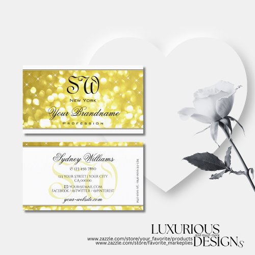 Luxury Light Golden Glitter Stars Monogram White Business Card