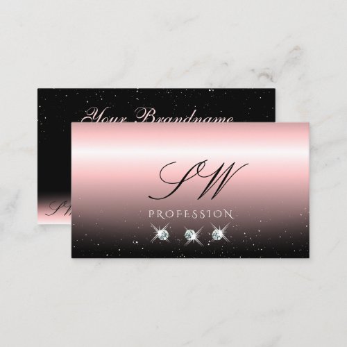 Luxury Light Pink Black Sparkle Diamonds Initials Business Card