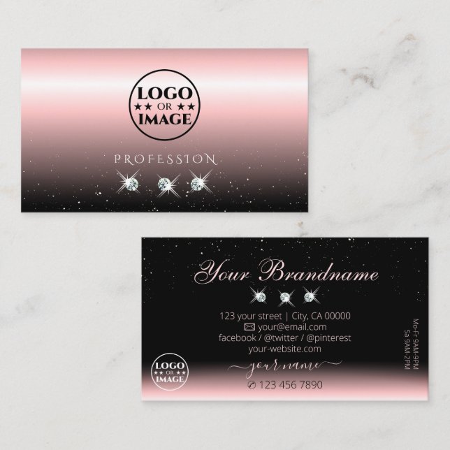 Luxury Light Pink Black Sparkle Diamonds with Logo Business Card (Front/Back)