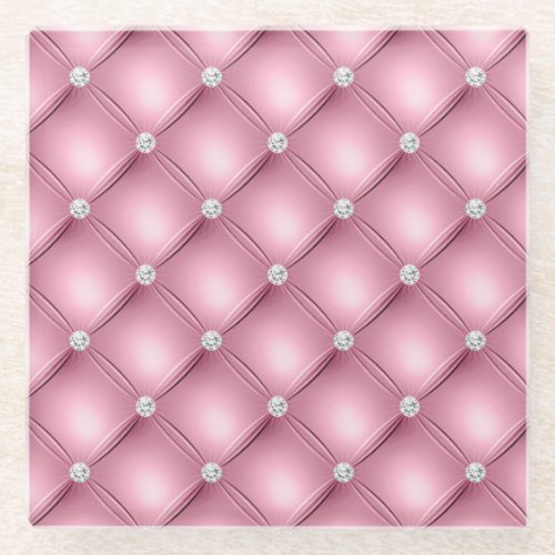 Luxury Light Pink Diamond Tufted Pattern Glass Coaster