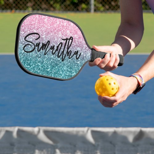 Luxury Light Pink Teal Ombre Glitter Pickleball Paddle