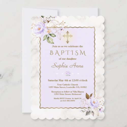 Luxury Light Purple Gold Flowers Marble Baptism  Invitation