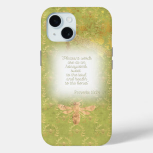 Luxury Lime Green Gold Bee Wreath Grid Scripture  iPhone 15 Case