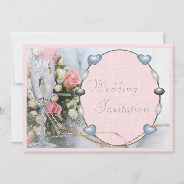 Luxury Linen Bride & Groom, Doves & Glass Floral Invitation (Front)