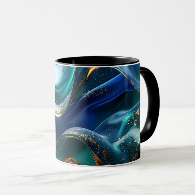 Luxury Liquid Gold & Blue Glass Mug (Front Right)