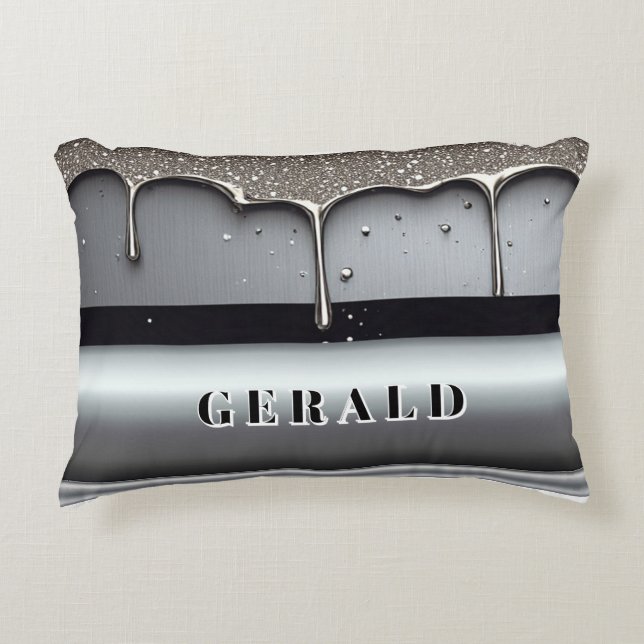 Luxury Liquid Metal Custom Name Sleek Chrome Drip Accent Pillow (Front)